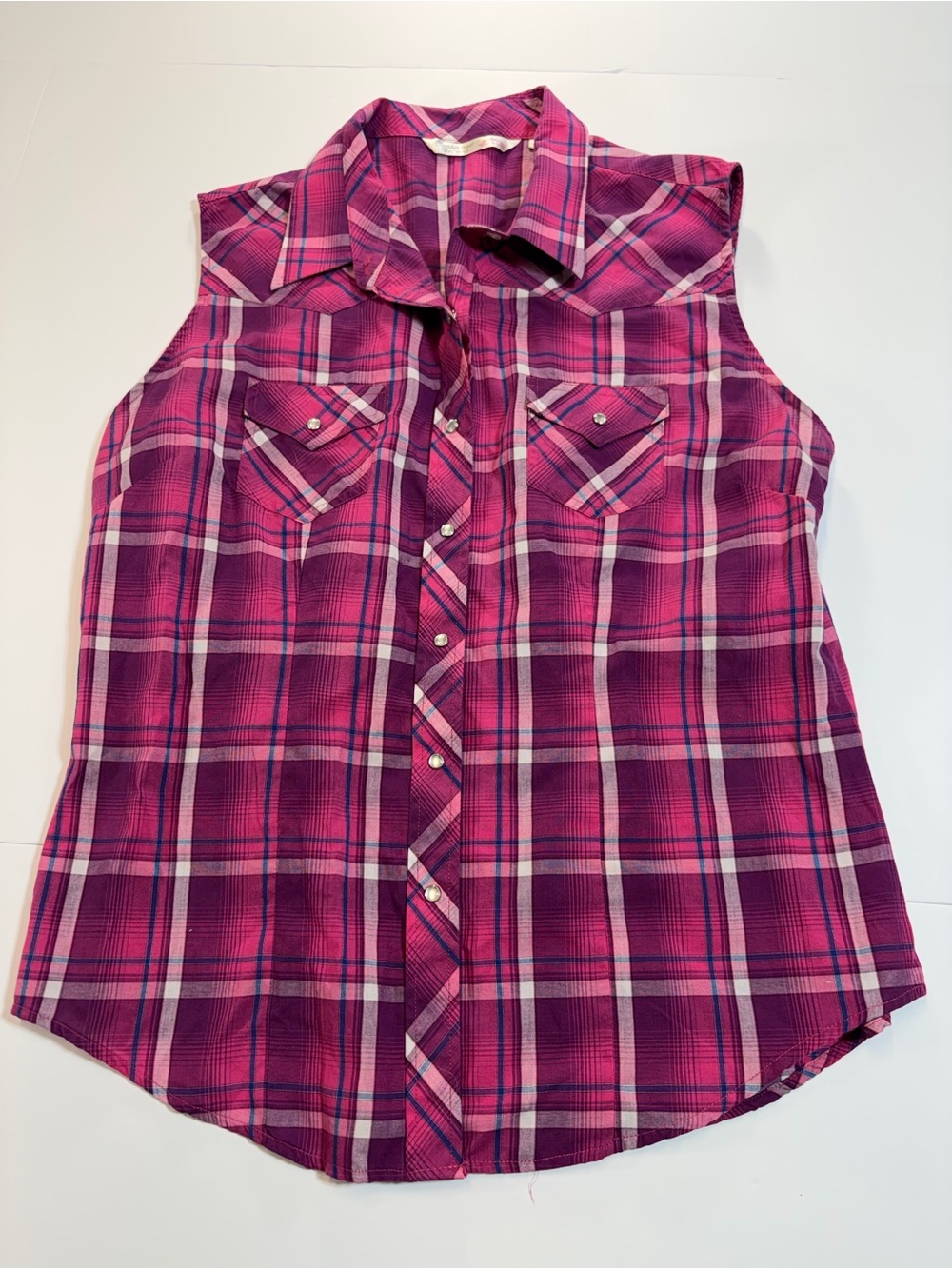 Cumberland Outfitters Pink Plaid Western Sleeveless Snap Front Shirt - XL